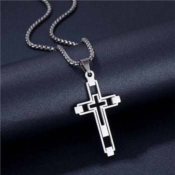 Titanium Steel Box Chain Necklaces, Hollow Cross Pendant Necklaces for Men