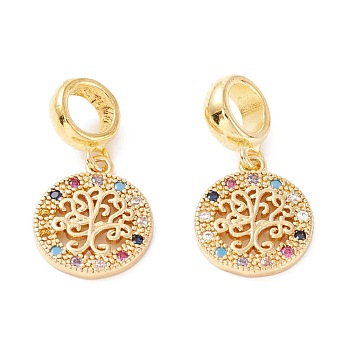 Brass Cubic Zirconia European Dangle Charms, Largr Hole Pendants, Long-Lasting Plated, Real 18K Gold Plated, Flat Round with tree, Colorful, 23mm, Hole: 5mm, Pendant: 14x12x2mm