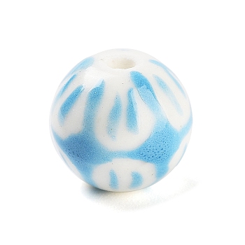 Handmade Porcelain Beads, Famille Rose Style, Round with Flower, Sky Blue, 10x10x9.5mm, Hole: 1.8mm, 1pcs/ set