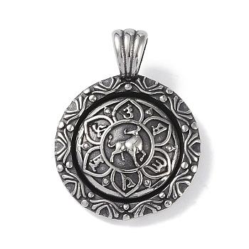 Viking 316 Surgical Stainless Steel Rotatable Pendants, Antique Silver, Flat Round Charm, Cattle, 37.5x28.5x7.5mm, Hole: 7x5mm