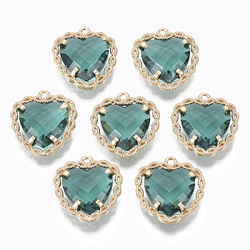 Glass Pendants, with Brass Open Back Settings, Faceted, Heart, Light Gold, Medium Turquoise, 18x16~17x5.5mm, Hole: 1.2mm