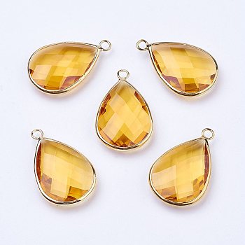 Golden Tone Brass Glass Teardrop Pendants, Faceted, Yellow, 18x10x5mm, Hole: 2mm