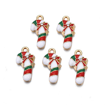 Rack Plating Alloy Enamel Pendants, with Crystal Rhinestone, Cadmium Free & Nickel Free & Lead Free, Light Gold, Christmas Candy Cane, Red, 22x11x4mm, Hole: 1.8mm