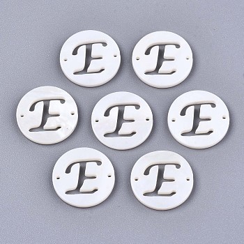 Natural Freshwater Shell Links Connectors, Flat Round with Letter, Letter.E, 14.5x1.5mm, Hole: 0.9mm