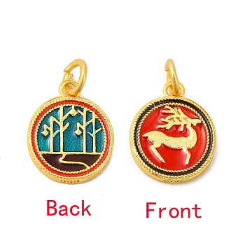Rack Plating Alloy Enamel Pendants with Jump Ring, Double Side with Deer Pattern Flat Round Charms, Matte Gold Color, 16x13x1.8mm, Jump Ring: 5.5x1mm, 3mm Inner Diameter