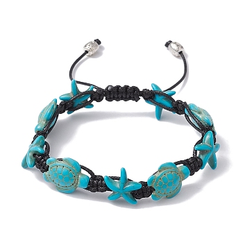 Synthetic Turquoise Starfish & Turtle Braided Bead Bracelet, with Polyester Cord, Dark Turquoise, Inner Diameter: 2-1/4~3-1/8 inch(5.8~8.05cm)