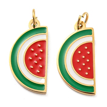 304 Stainless Steel Charms, with Enamel and Jump Ring, Real 14K Gold Plated, Watermelon Charm, Red, 14.5x7x1mm, Hole: 2.5mm