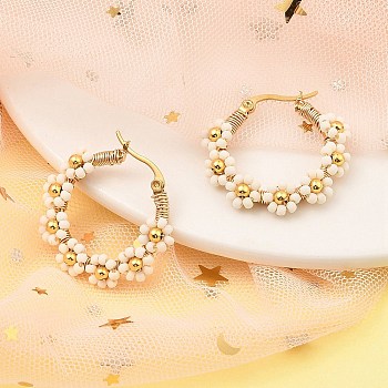 304 Stainless Steel & Bohemian Beaded Flower Hoop Earrings for Women, Golden, WhiteSmoke, 29x30x5.5mm, Pin: 0.8mm