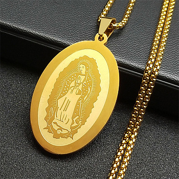 304 Stainless Steel Oval with Virgin Mary Pendant Necklaces, Box Chain Necklaces for Women Men, Real 18K Gold Plated, 23.62 inch(60cm)