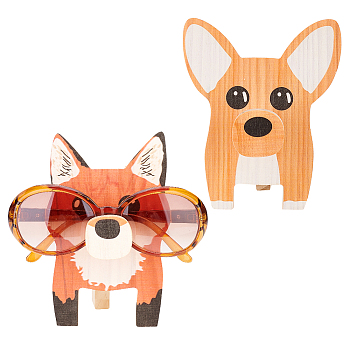 Globleland 2 Sets 2 Style Cut Animal Wood Eyeglass Holder, Sunglass Display Rack, Corgi Dog/Fox Shape, Mixed Patterns, Finished: 150x80x85mm, Fox and Dog : 148~151x96~126x12mm