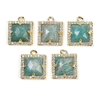 Natural Amazonite Faceted Square Charms, Rack Plating Brass Micro Pave Clear Cubic Zirconia Charms, Golden, 13.5x11.5x4.5mm, Hole: 1.4mm