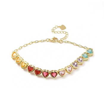 Colorful Cubic Zirconia Heart Link Bracelet, Rack Plating Brass Jewelry for Women, Cadmium Free & Lead Free, Golden, 7-3/8 inch(18.8cm)