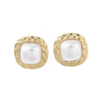 Square 316 Surgical Stainless Steel & CCB Imitation Pearl Stud Earrings for Women, Real 18K Gold Plated, 22.5x22.5mm