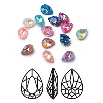 Glass Rhinestone Cabochons, Mocha Fluorescent Style,  Pointed Back, Faceted, Teardrop, Mixed Color, 18x13x7mm