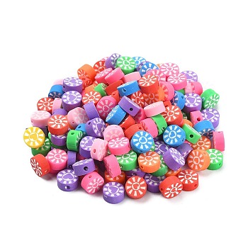 200Pcs Handmade Polymer Clay Beads, Flat Round with Heart & Sun, Mixed Color, 9x5mm, Hole: 1.6mm