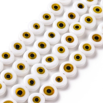 Handmade Evil Eye Lampwork Flat Round Bead Strands, White, 10x4mm, Hole: 1mm, about 38pcs/strand, 14.96 inch