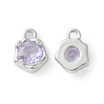 Brass Micro Pave Cubic Zirconia Charms, Irregular Shape Charm, Real Platinum Plated, Lilac, 9x7x3mm, Hole: 1.4mm