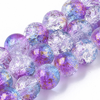 Transparent Spray Painted Crackle Glass Bead Strands, with Golden Foil, Round, Medium Orchid, 10~11mm, Hole: 1.4~1.6mm, about 39~42pcs/Strand, 14.84 inch~15.27 inch(37.7~38.8cm)