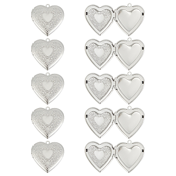 304 Stainless Steel Locket Pendants, Photo Frame Charms for Necklaces, Heart, Stainless Steel Color, Tray: 21x21mm, 29x29x7mm, Hole: 2mm, 10pcs/box