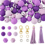 DIY Keychain Making Kits, Including Silicone Beads, PU Imitation Leather Big Tassel Pendants and Zinc Alloy Swivel Lobster Claw Clasps, Purple, 14~15mm, Hole: 2mm(DIY-TA0014-24)