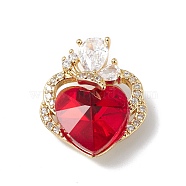 Real 18K Gold Plated Rack Plating Brass Micro Pave Clear Cubic Zirconia Pendants, with Glass, Long-Lasting Plated, Cadmium Free & Lead Free, Butterfly with Heart Charm, Red, 21x17.5x8mm, Hole: 3.5x2.5mm(KK-C015-11G-07)