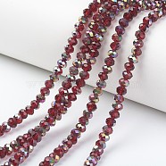 Electroplate Transparent Glass Beads Strands, Half Rose Gold Plated, Faceted, Rondelle, Dark Red, 6x5mm, Hole: 1mm, about 85~88pcs/strand, 16.1~16.5 inch(41~42cm)(X-EGLA-A034-T6mm-R08)