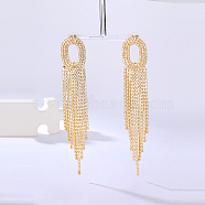 Real 18K Gold Plated Brass Dangle Stud Earrings, Rhinestone Tassel Earrings, Oval, 130x22mm(WY4704-4)