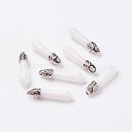 Natural White Jade Pointed Pendants, with Platinum Tone Alloy Findings, Bullet, 33~40x8~9x8~9mm, Hole: 3x4mm(G-P309-13)