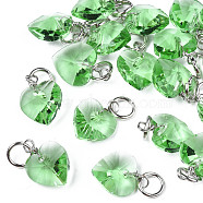 Faceted Transparent Glass Charms, with Iron Jump Ring, Heart, Spring Green, 13~14x10x5~6mm, Hole: 4mm(GLAA-T024-04G)