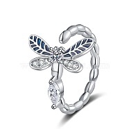 Dragonfly Brass Micro Pave Clear Cubic Zirconia Cuff Rings for Women, with Enamel, Platinum, US Size 6(16.5mm)(RJEW-M016-02P)