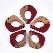 Resin & Walnut Wood Chandelier Components Links, teardrop, Dark Red, 32.5x27.5x2.5~4mm, Hole: 1.8mm(RESI-S367-05C)