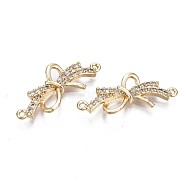 Brass Micro Pave Clear Cubic Zirconia Links Connectors, Bowknot, Real 18K Gold Plated, 10x24x3mm, Hole: 1mm(KK-Q764-017)