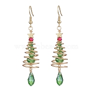 Copper Wired Glass Dangle Earrings, with 304 Stainless Steel Earring Hooks, Christmas Tree, Lime Green, 69.5x15mm(EJEW-JE05917)