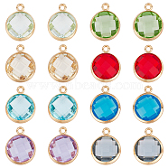 SUPERFINDINGS 16Pcs 8 Colors Brass Glass Charms, Golden, Long-Lasting Plated, Faceted Flat Round, Mixed Color, 13.5x11x5mm, Hole: 1.4mm, 2pcs/color(KK-FH0003-35)