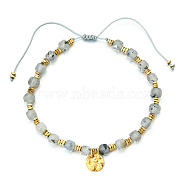 Bohemian Style Natural Labradorite Cube Braided Bead Bracelet, Adjustable Bracelet with Flat Round Charms, (YV1392-4)