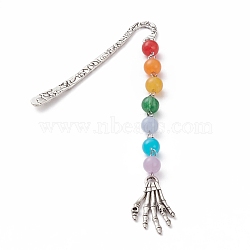 Tibetan Style Alloy Bookmarks for Halloween's Day, with Alloy Pendants and Chakras Theme Imitation Gemstone Acrylic Beads, Skull Hand, Antique Silver, Colorful, Skull Hand: 160.5x19mm, 80x6.5x2.5mm(AJEW-JK00165-01)
