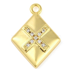 Cross Theme Real 18K Gold Plated Brass Micro Pave Clear Cubic Zirconia Pendants, Rhombus, 19x14x3mm, Hole: 1.6mm(KK-L219-06G-03)