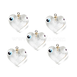 Handmade Evil Eye Lampwork Pendants, with Light Gold Tone Brass Findings, Long-Lasting Plated, Lead Free & Cadmium Free, Heart Charm, Clear, 19x17.5~18.5x8.5~9mm, Hole: 1.4mm(LAMP-M015-03F)