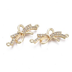 Brass Micro Pave Clear Cubic Zirconia Links Connectors, Bowknot, Real 18K Gold Plated, 10x24x3mm, Hole: 1mm(KK-Q764-017)