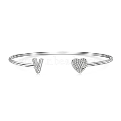 Anti-Tarnish Heart & Letter Rhodium Plated 925 Sterling Silver Micro Pave Cubic Zirconia Cuff Bangles for Women, Letter V, 0.2~0.8cm, Inner Diameter: 1-7/8x2-1/4 inch(4.85x5.65cm)(BJEW-C062-01V-P)