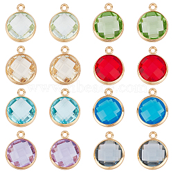 SUPERFINDINGS 16Pcs 8 Colors Brass Glass Charms, Golden, Long-Lasting Plated, Faceted Flat Round, Mixed Color, 13.5x11x5mm, Hole: 1.4mm, 2pcs/color(KK-FH0003-35)