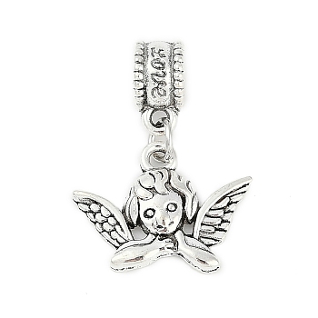 Rack Plating Brass European Dangle Charms, Large Hole Pendants, Lead Free & Cadmium Free, Antique Silver, Angel & Fairy, 27mm, Hole: 4.5mm