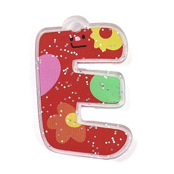 Acrylic Pendants, with Glitter Power, Letter with Smiley Face, Letter E, 29~38x21.5~34.5x2.8mm, Hole: 3mm