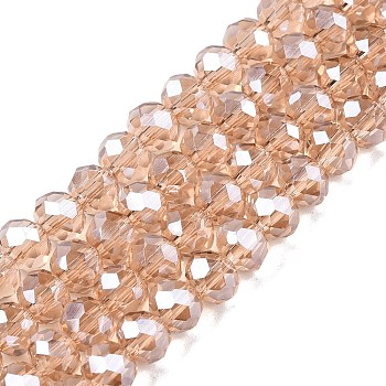 Electroplate Glass Beads Strands, Pearl Luster Plated, Faceted, Rondelle, PeachPuff, 6x5mm, Hole: 1mm, about 84~85pcs/strand, 41.5~42cm