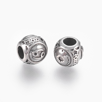 316 Surgical Stainless Steel European Beads, Large Hole Beads, Rondelle, Cancer, Antique Silver, 10x9mm, Hole: 4mm