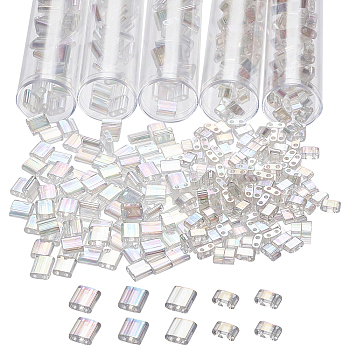 528Pcs 2 Style 2-Hole Transparent Glass Seed Beads, AB Color Plated, Rectangle, Clear AB, 4.5~5.5x2~5.5x2~2.5mm, Hole: 0.5~0.8mm