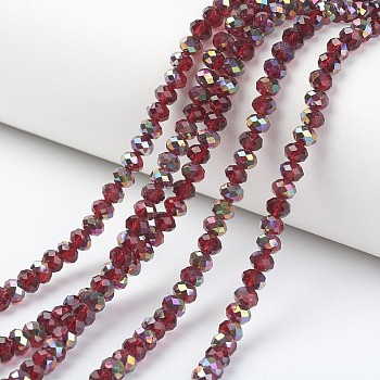 Electroplate Transparent Glass Beads Strands, Half Rose Gold Plated, Faceted, Rondelle, Dark Red, 6x5mm, Hole: 1mm, about 85~88pcs/strand, 16.1~16.5 inch(41~42cm)