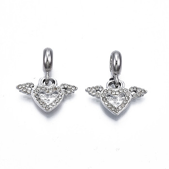 Rack Plating Alloy European Dangle Charms, with Rhinestone, Large Hole Beads, Cadmium Free & Lead Free, Platinum, Heart with Word & Wing, Crystal, 22mm, Hole: 5mm, Charm: 12x10~20x2mm