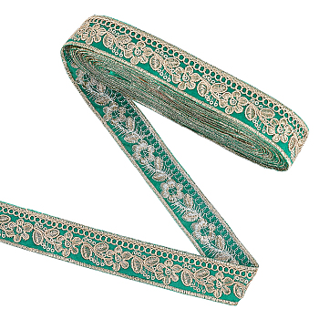 Ethnic Style Embroidery Polyester Ribbons, Jacquard Ribbon, Garment Accessories, Floral Pattern, Sea Green, 1-1/8 inch(30mm)