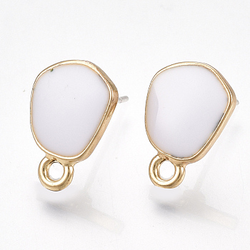 Alloy Stud Earring Findings, with Raw(Unplated) Pins, Enamel and Loop, Light Gold, White, 13.5x9.5mm, Hole: 1.6mm, Pin: 0.7mm